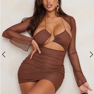 PrettyLittleThing Brown Mesh Lace Up Detail Overlay Bodycon Dress